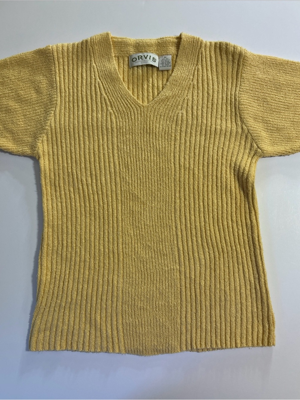Vintage Orvis Silk Blend Sweater V Neck Yellow Ribbed Size Medium